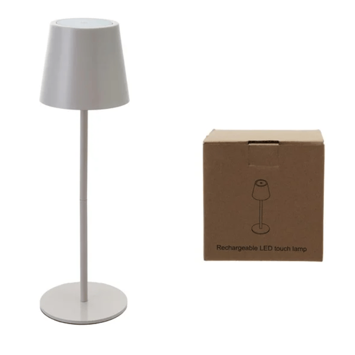 White table lamp with a cardboard box labeled 'Rechargeable LED Table Lamp' on a white background