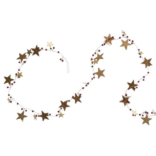 A rustic holiday garland featuring metallic gold and bronze star cutouts, accented with small dark red berries on a white background.