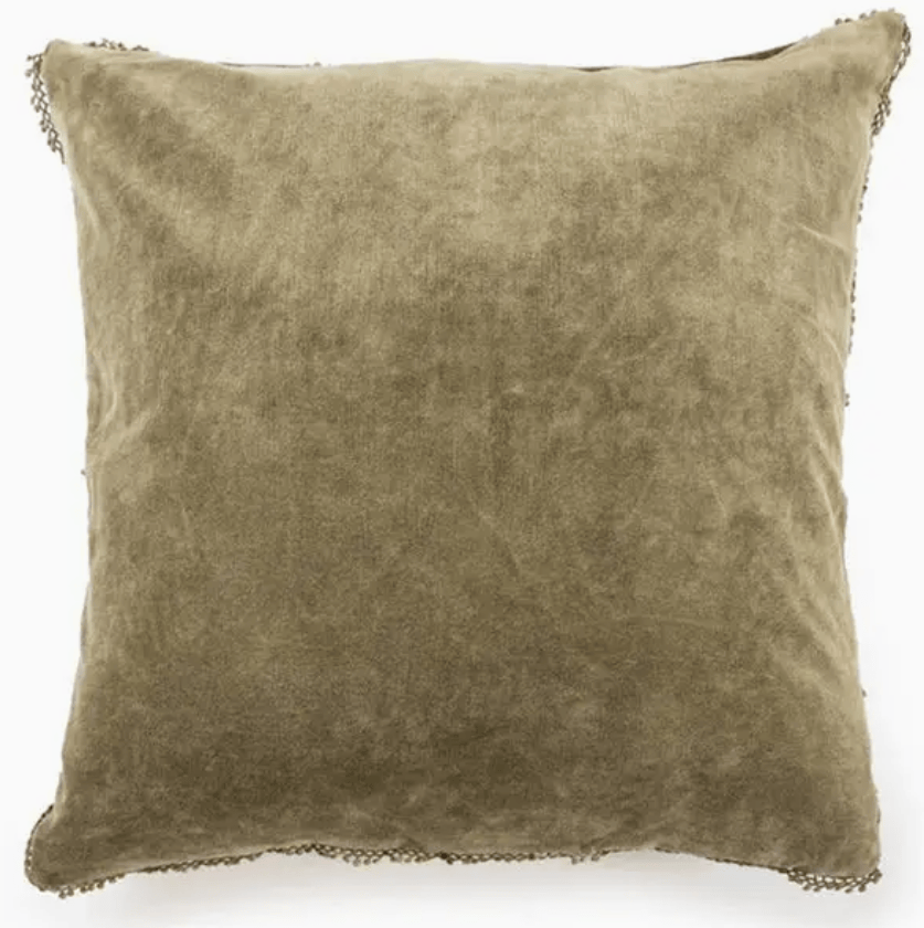 A square throw pillow in a textured, muted olive-brown fabric with frayed edges, shown against a plain white background.