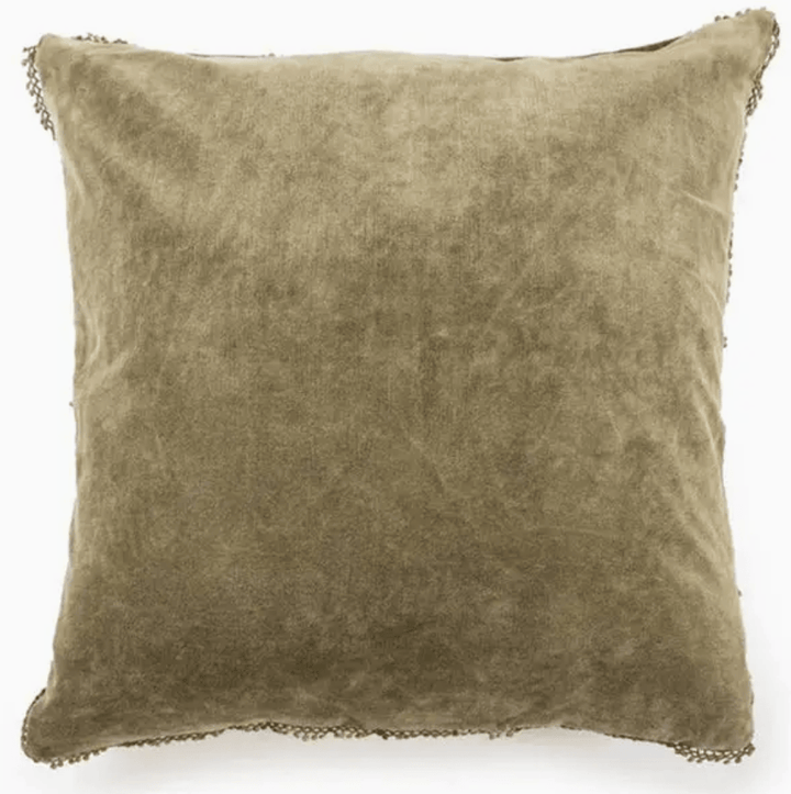 A square throw pillow in a textured, muted olive-brown fabric with frayed edges, shown against a plain white background.
