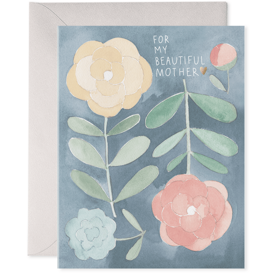 Greeting card with floral design and 'For My Beautiful Mother' text on a blue background