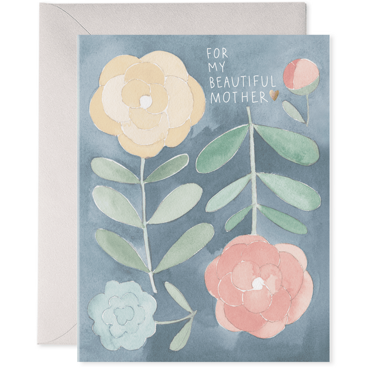 Greeting card with floral design and 'For My Beautiful Mother' text on a blue background