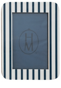 Navy and white striped picture frame with a monogram on a white background