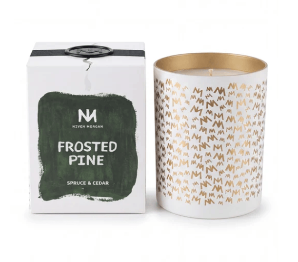Niven Morgan Frosted Pine Candle and packaging. 