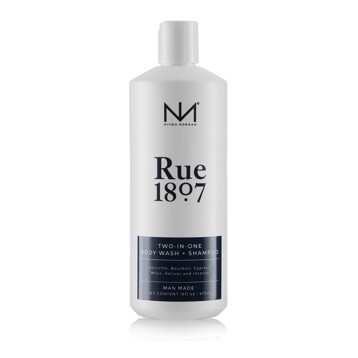 Rue 1807 two-in-one body wash and shampoo bottle on a white background