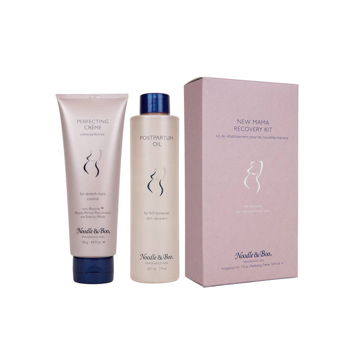 Nooelle & Boar New Mama Recovery Kit with Perfecting Creme, Postpartum Oil, and packaging on a white background