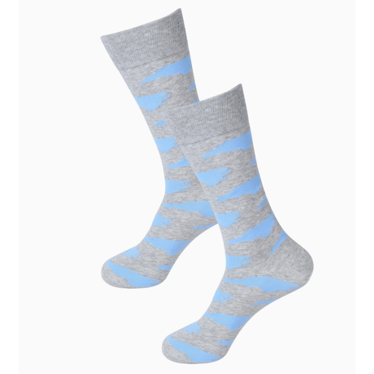 Gray socks with blue stripes on a white background