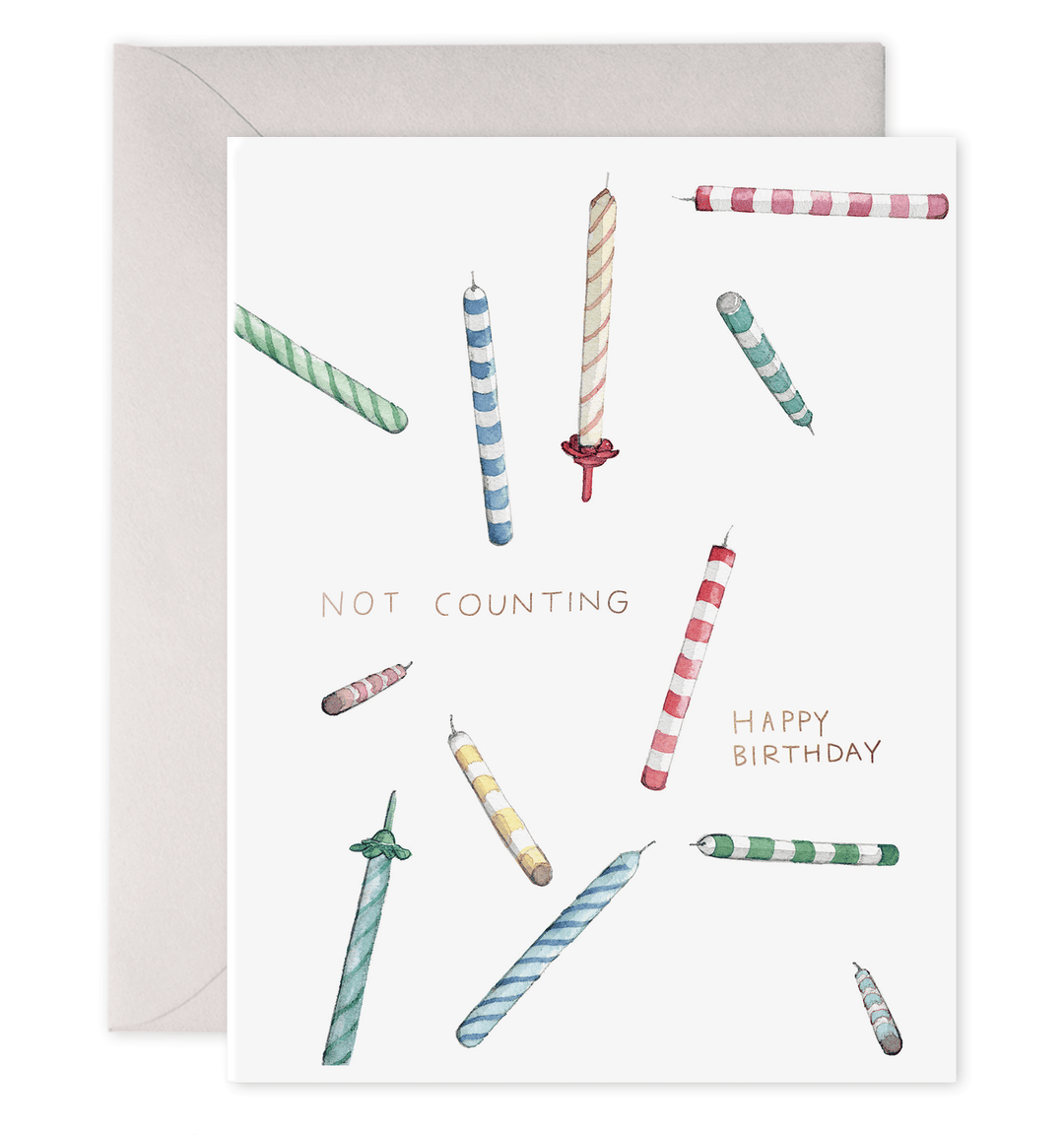 Birthday card with colorful candles and text 'Not Counting Happy Birthday' on a white background.