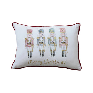 24"L x 16"H Cotton Printed Lumbar Pillow w/ Nutcrackers, Embroidery & Burgundy Velvet Piping & Back "Merry Christmas"