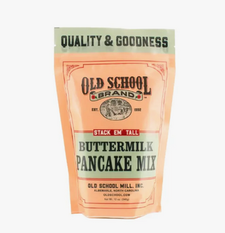 Old School Mill has created a pancake mix with the hearty goodness and flavor of a bygone era.  Made in NC  12 oz. Ingredients: Natural Unbleached Flour, Whole Wheat Flour, Baking Powder, Unrefined Sugar, Salt.