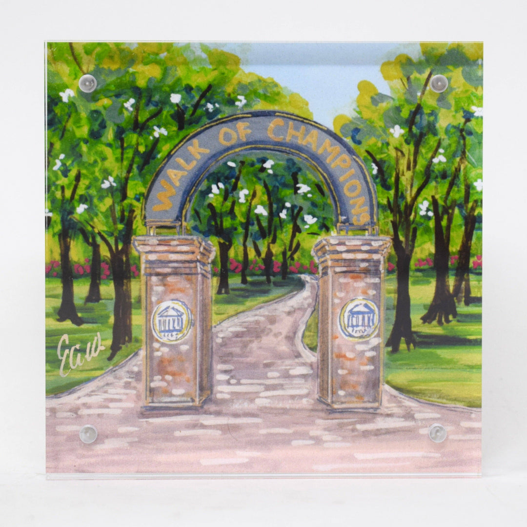 Painting of 'Walk of Champions' archway with trees and pathway