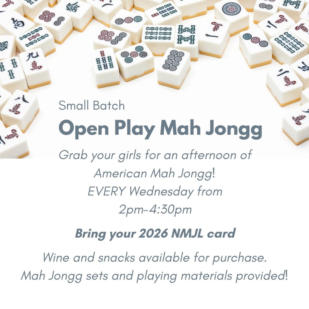 Promotional flyer for an open play mah jongg event, featuring a top photo of white mahjong tiles with black and colored symbols, and gray text on a white background inviting girls to play every Wednesday from 2pm-4:30pm.