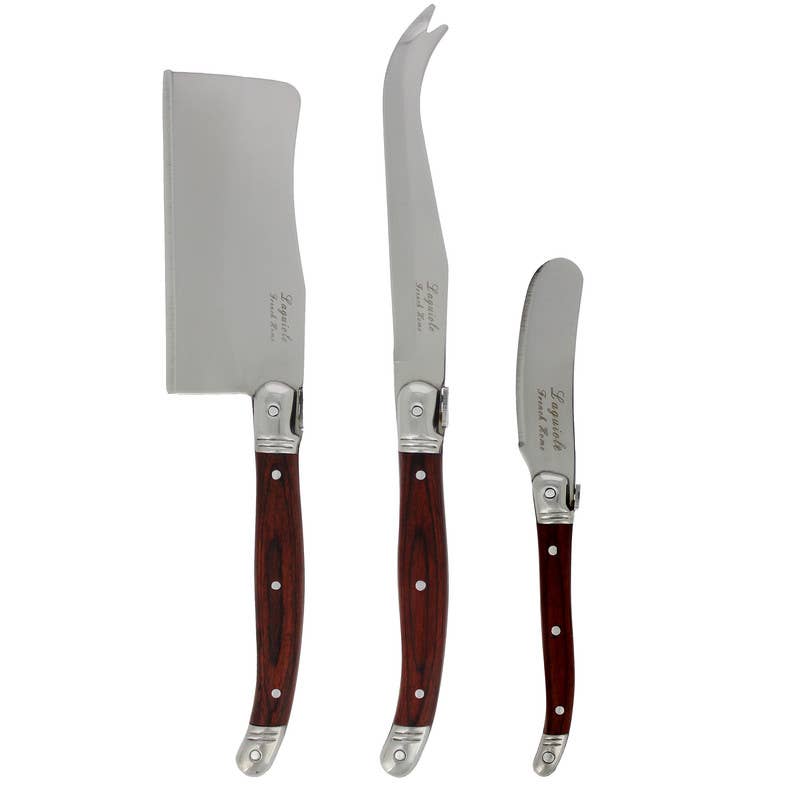 Three stainless steel cheese knives with dark reddish-brown wooden handles, displayed vertically against a plain white background. The knives are engraved with the brand name 'Sapelli'.