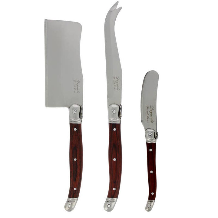 Three stainless steel cheese knives with dark reddish-brown wooden handles, displayed vertically against a plain white background. The knives are engraved with the brand name 'Sapelli'.