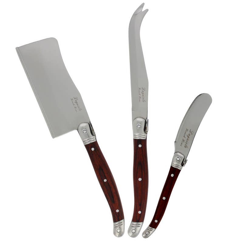 Three-piece stainless steel kitchen knife set with dark reddish-brown wooden handles, including a cleaver, a curved cheese knife, and a butter knife, shown on a white background.