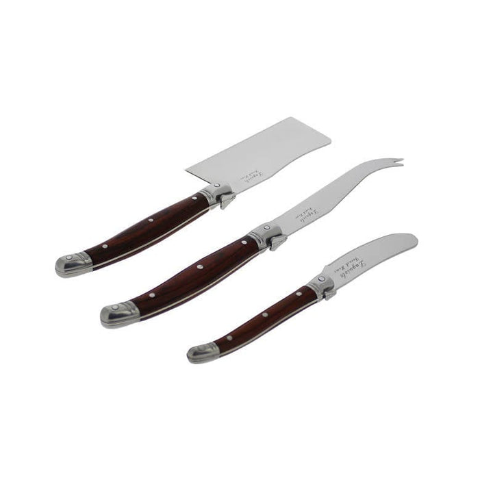 Three-piece cheese knife set with dark reddish-brown wooden handles and silver stainless steel blades, arranged diagonally on a plain white background.