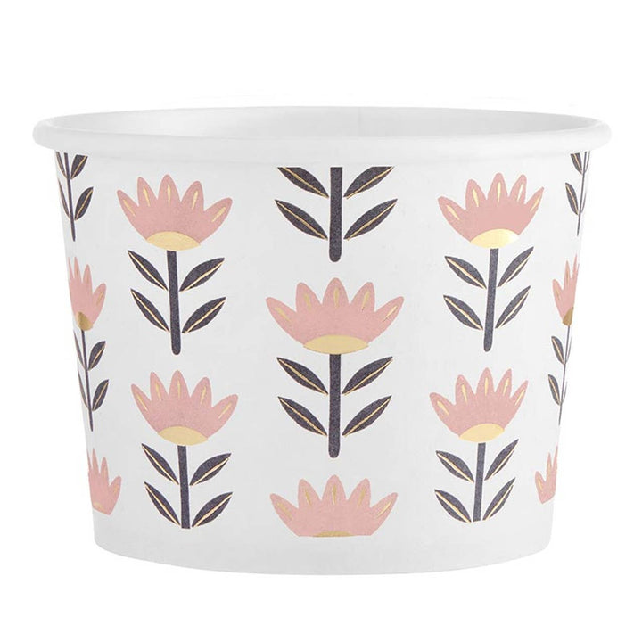 White container with pink floral pattern on a white background