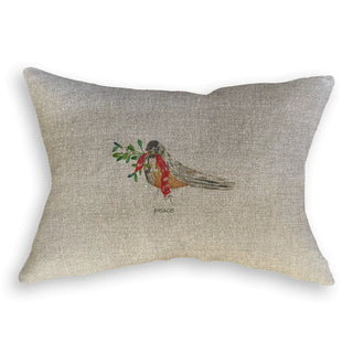 Pre-washed linen pillow case with a 90/10 feather down insert custom printed to order with our original artwork. Care: machine wash, tumble low heat or line dry.  Peace Bird: 12" x 16" 