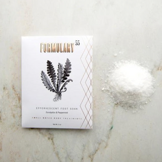 Perfect for tired feet, this fizzing foot soak by Formulary 55 is a wonderful way to end a long day. This peppermint and eucalyptus effervescent foot soak is made with pure essential oils and Dead Sea mineral salts. 1.5 oz. envelope.   