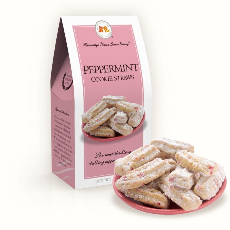 Pink box of peppermint cookie straws on a white background