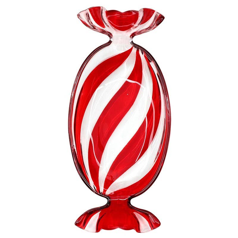 A red and white striped glass vase shaped like a wrapped candy, isolated on a white background.