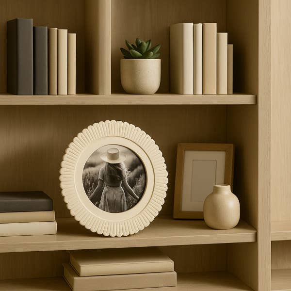 Decorative shelf with books, a plant, and framed pictures in a warm-toned room.