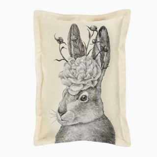 This sweet bunny can come out during Easter or live on your favorite chair all year long!  Screen printed and sewn in Bucks County, PA.  100% Natural Cotton Canvas with polyester fiber fill.  Sewn with a 1″ flange.  Approximately 15″ x 20″.