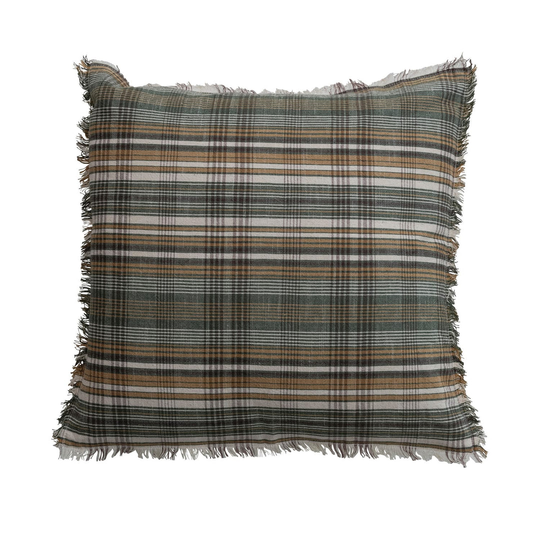 Plaid patterned pillow with frayed edges on a white background