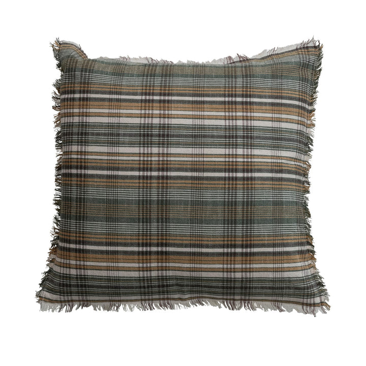 Plaid patterned pillow with frayed edges on a white background