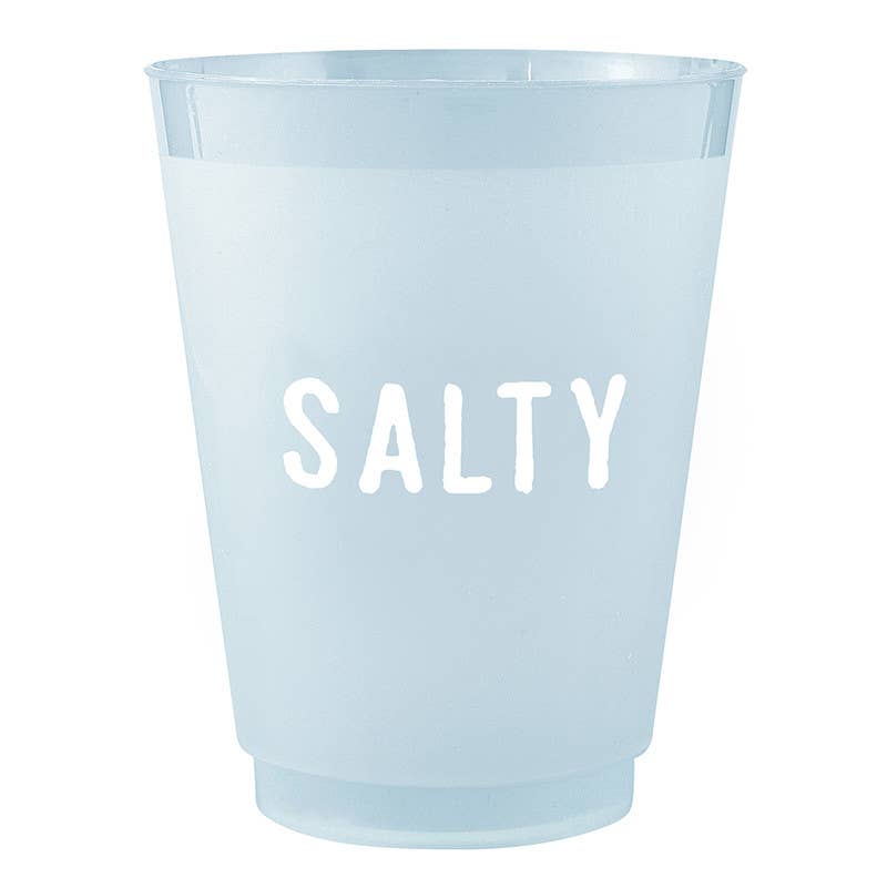 Clear plastic cup with 'SALTY' text on a white background