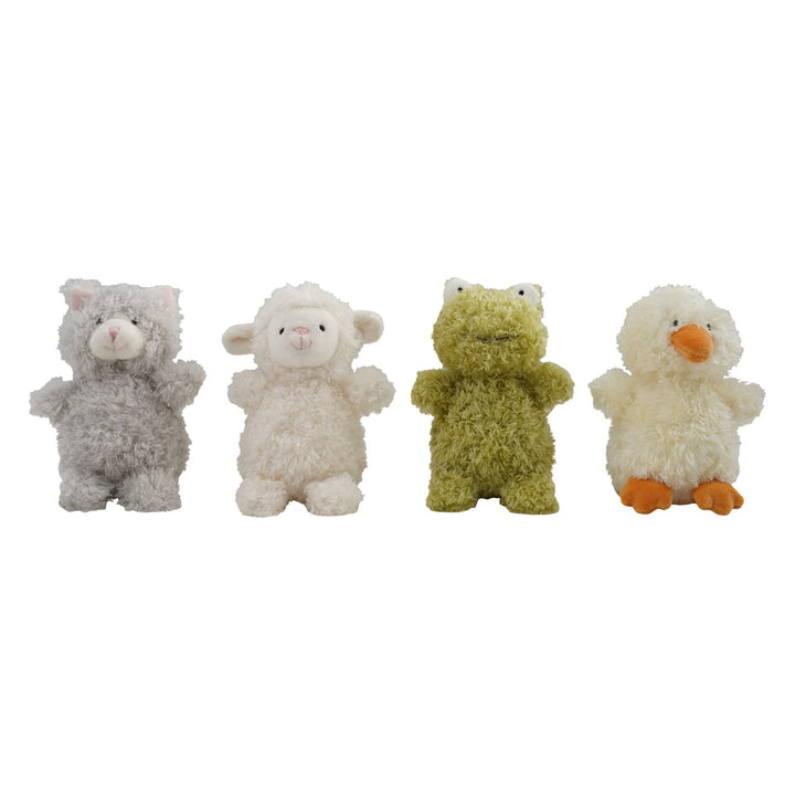 Four fluffy toy animals on a white background