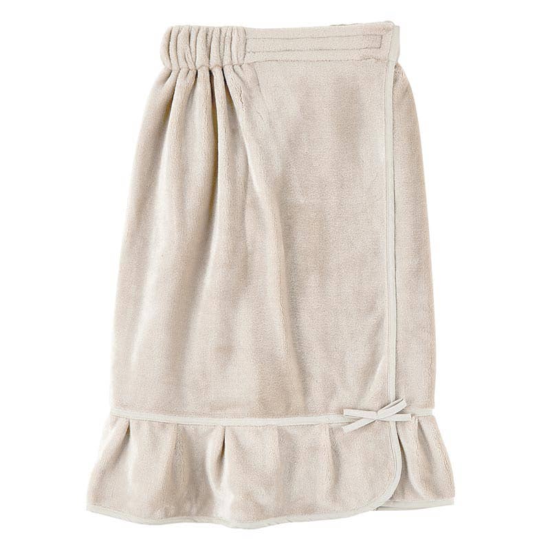 Beige towel wrap with ruffled hem on a white background