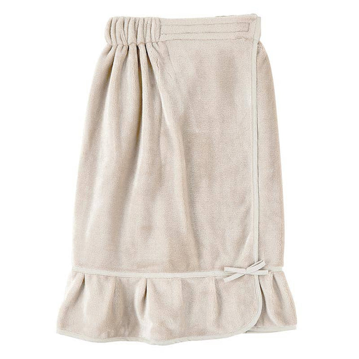 Beige towel wrap with ruffled hem on a white background