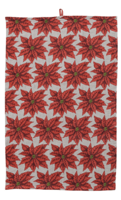 A rectangular kitchen towel with a repeating red poinsettia pattern on a light beige background, featuring a small red loop at the top for hanging.
