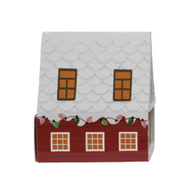 A small decorative house-shaped product with a white scalloped roof, red body, and orange-brown window details, shown on a plain white background.