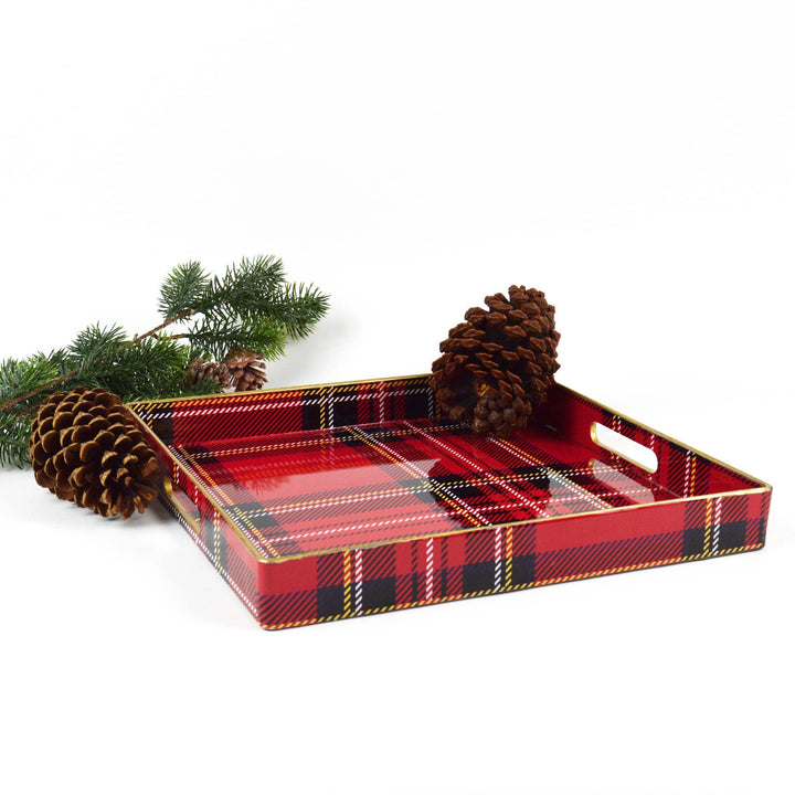 Red plaid tray with pine cones and branches on a white background