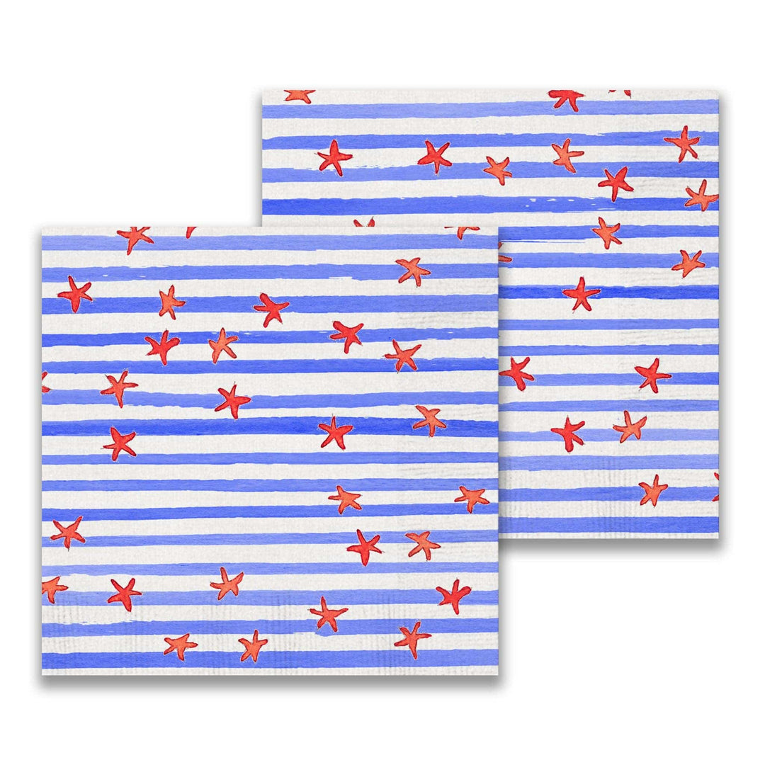 Two fabric swatches with blue and white stripes and red starfish pattern on a white background