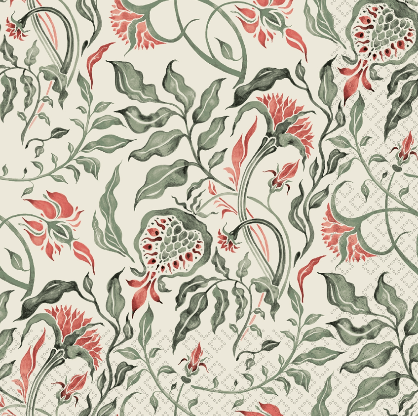 A repeating botanical pattern featuring stylized pomegranate motifs in muted green and coral-red tones on a warm off-white background with a subtle grid texture.