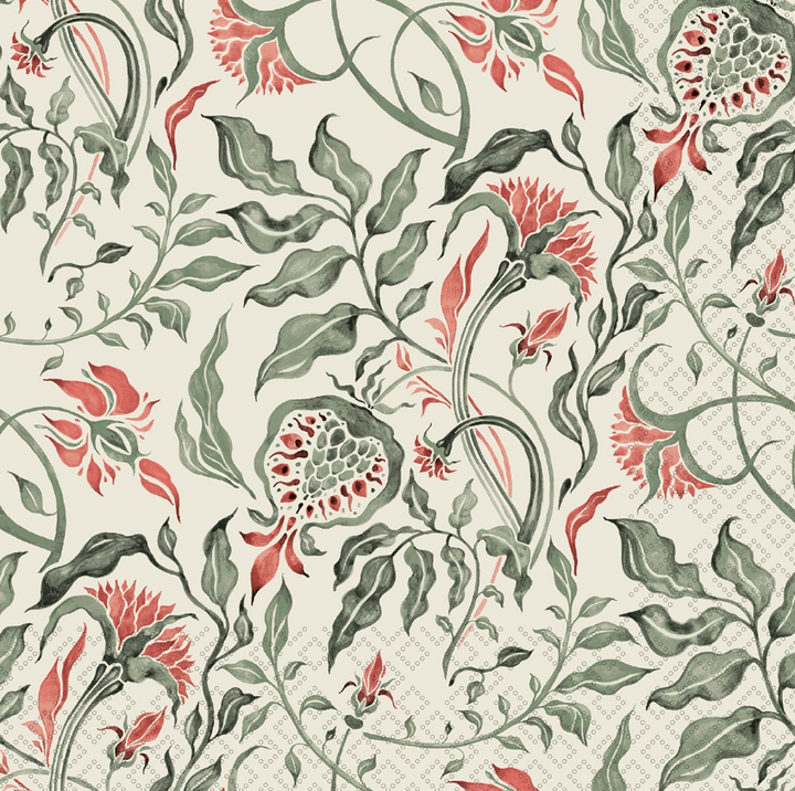 A repeating botanical pattern featuring stylized pomegranate motifs in muted green and coral-red tones on a warm off-white background with a subtle grid texture.