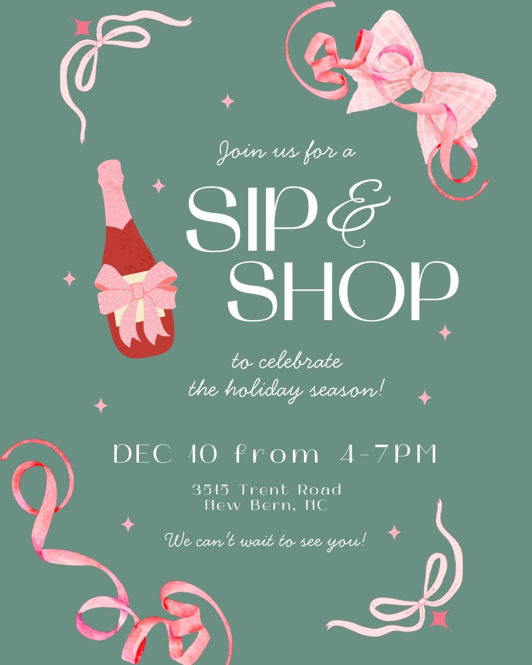 Invitation card for a 'Sip & Shop' event with champagne bottle and ribbons on a green background