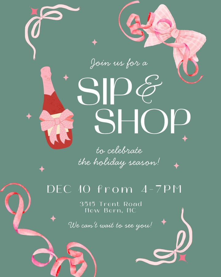 Invitation card for a 'Sip & Shop' event with champagne bottle and ribbons on a green background