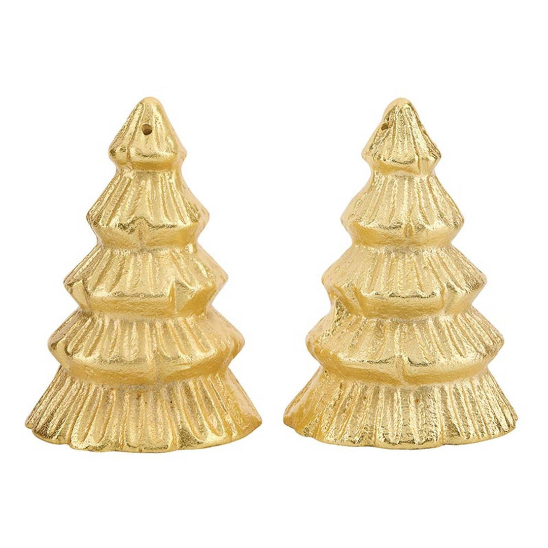 Pair of gold Christmas tree-shaped earrings on a white background