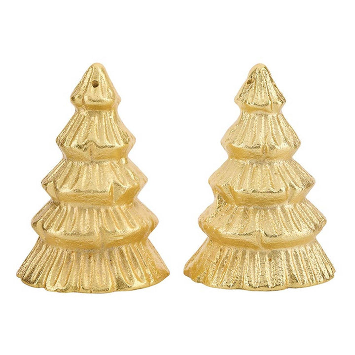 Pair of gold Christmas tree-shaped earrings on a white background