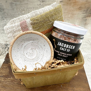 This sweet little kitchen essential includes a durable cotton kitchen towel, pink Himalayan sea salt and our favorite salt dish from Salt of the Earth Pottery in North Carolina. Packaged in a balsa wood box, this is a great gift choice for a thank you or hostess gift.