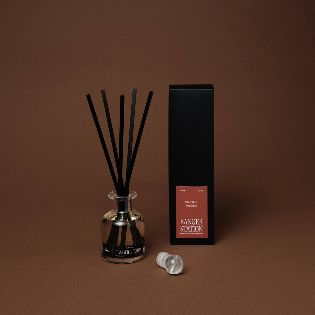 Diffuser set with black reeds, glass bottle, and black box on a brown background