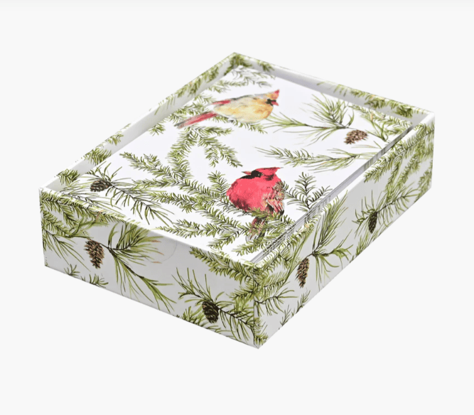 Decorative box with bird and pine cone pattern on a white background