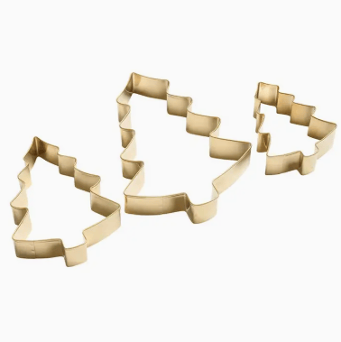 Set of three gold Christmas-themed cookie cutters on a white background