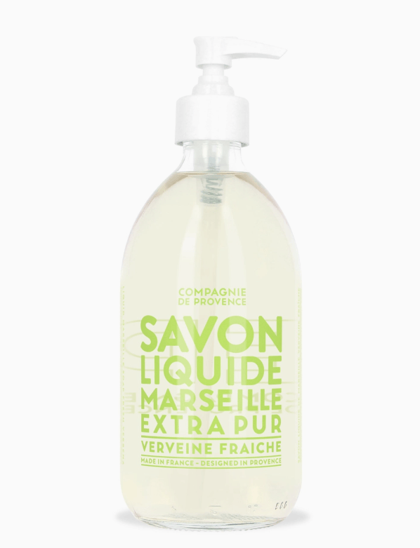 Bottle of Marseille Liquid Soap with pump on a white background