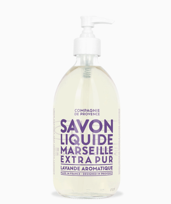 Bottle of Marseille Liquid Soap with lavender fragrance on a white background