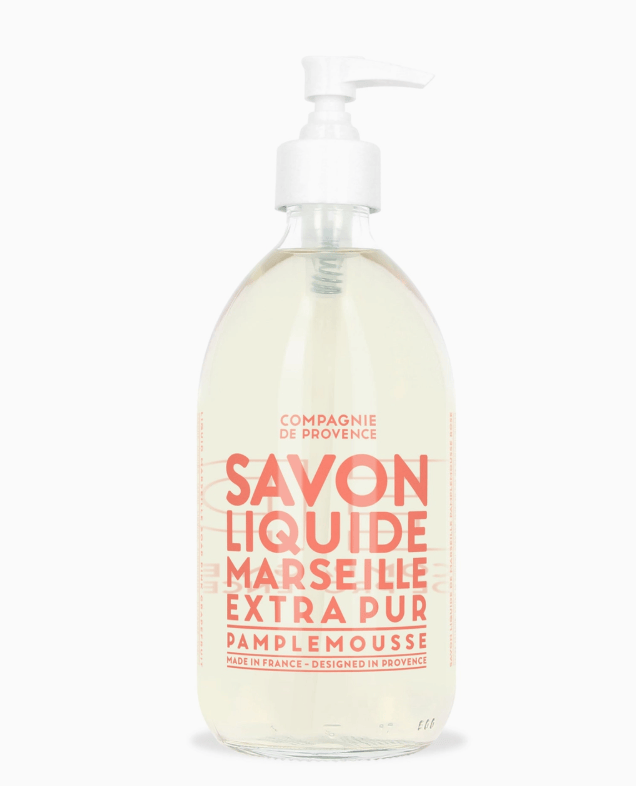 Bottle of Marseille Liquid Soap with Pamplemousse scent on a white background